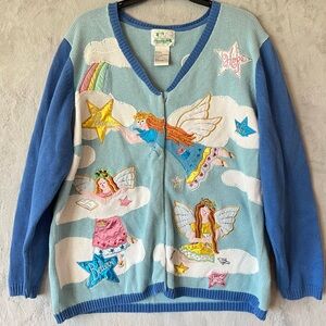 Christmas Sweater Quacker Factory Blue Angelic Embroidered Cardigan
